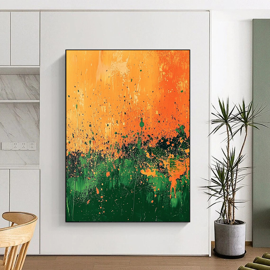 Contemporary abstract painting features vibrant orange and green landscape with splashes of gold and dynamic brush strokes under a surreal light. DLZ0498