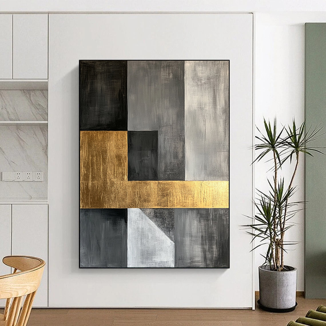 Gray, Black, Gold and White Geometric Fusion "Sophisticated Union" Painting On Canvas HB360