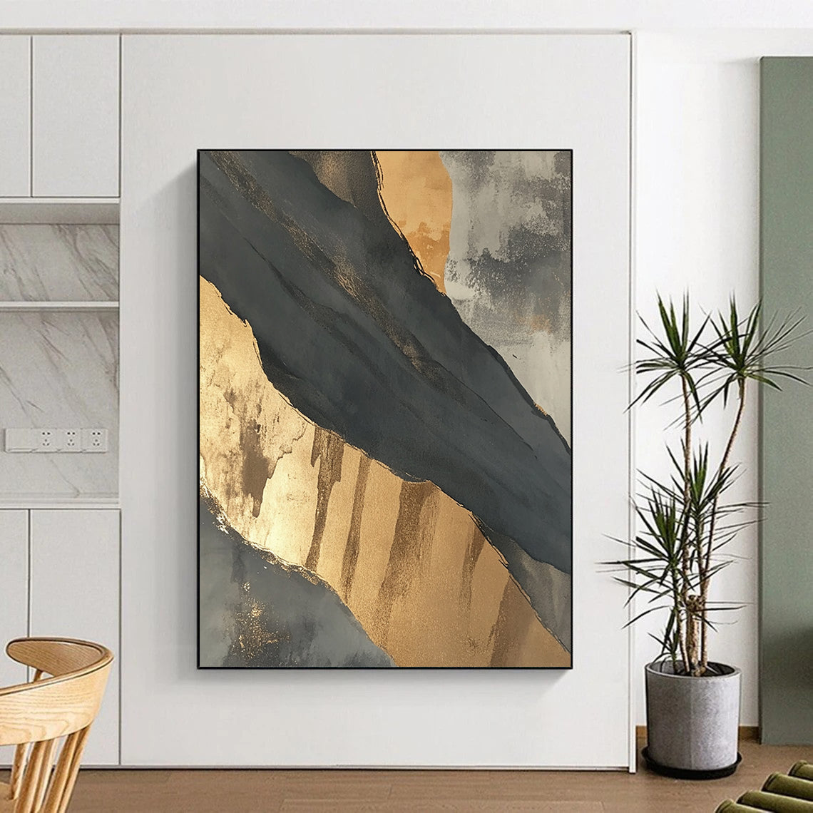 Contemporary large hand-painted abstract artwork featuring intricate black and gray patterns highlighted by elegant gold accents. DLZ1715