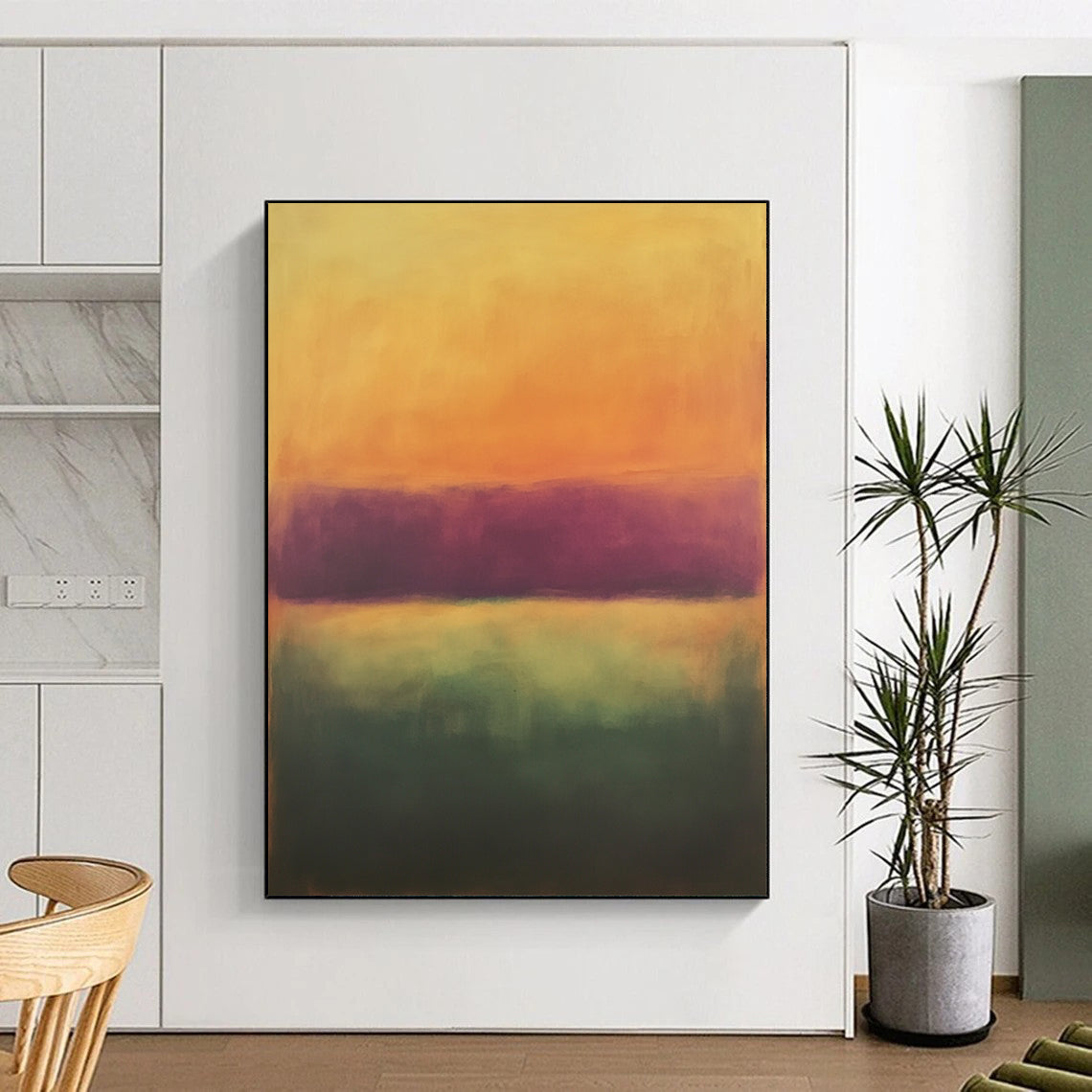Vibrant contemporary hand-painted abstract artwork featuring soft orange and purple tones with a blurred gradient, ideal for enhancing modern spaces. DLZ0938