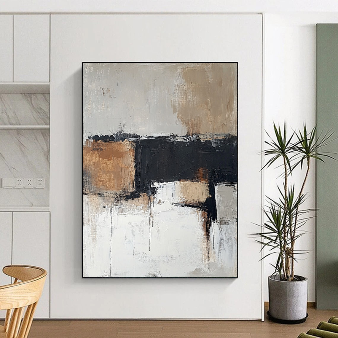 Contemporary hand-painted abstract art in soft neutral tones of beige and gray with brown accents creates an atmospheric and soothing ambiance. DLZ0497
