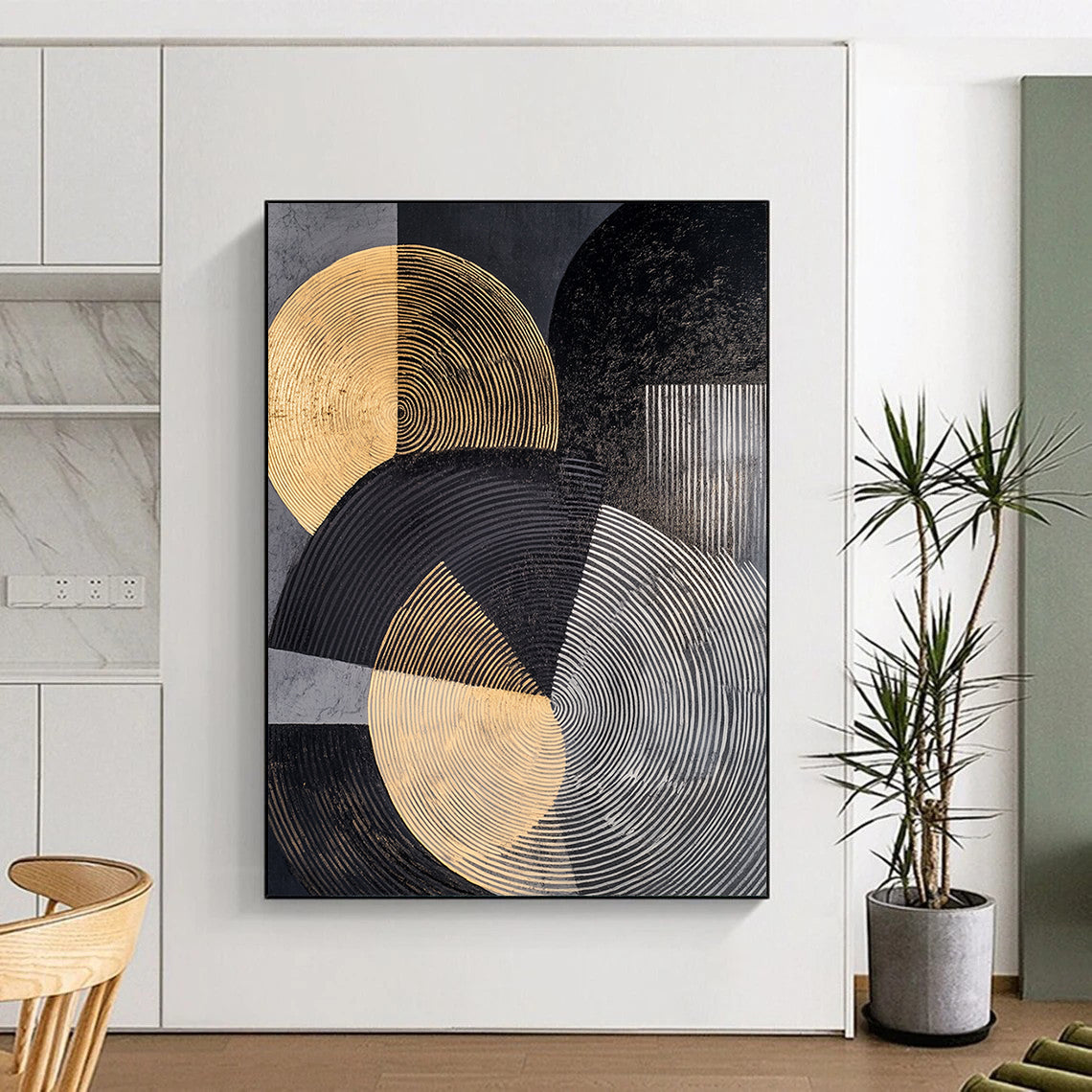 Gray, Black, Gold and Silver Geometric Abstraction "Elegant Geometry" Painting On Canvas HB385