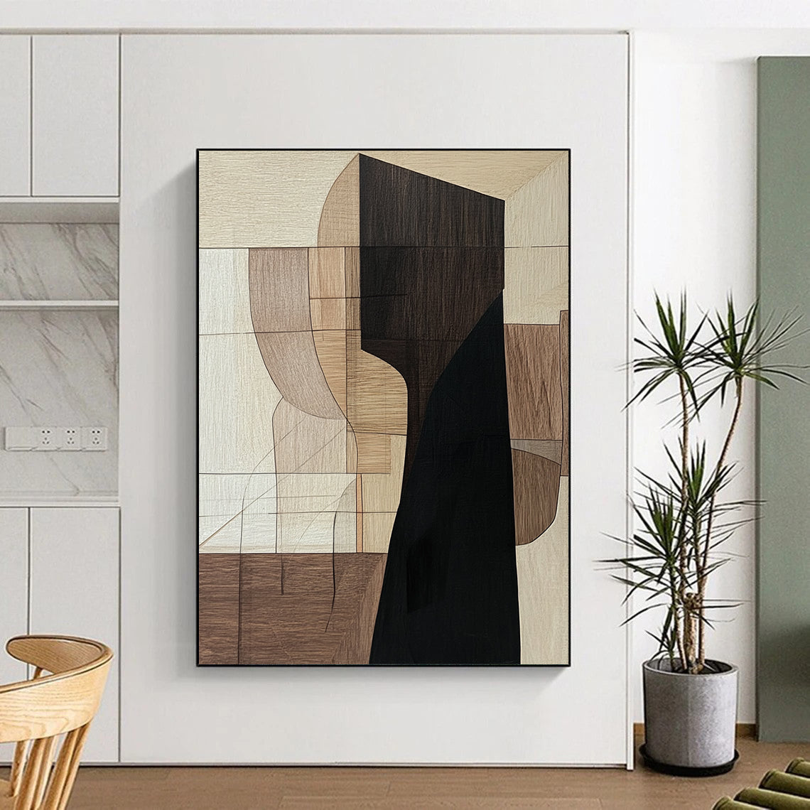 Contemporary hand-painted abstract art featuring a dominant elongated black wooden shape with earthy shades and a mysterious shadowy presence. DLZ0855