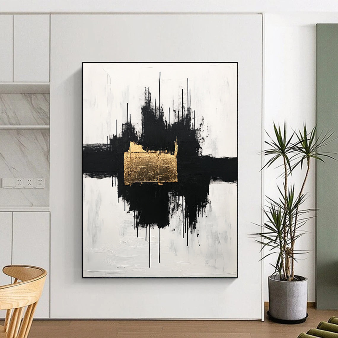 Black, White and Gold Abstract "Gilded Center" Painting On Canvas HB404