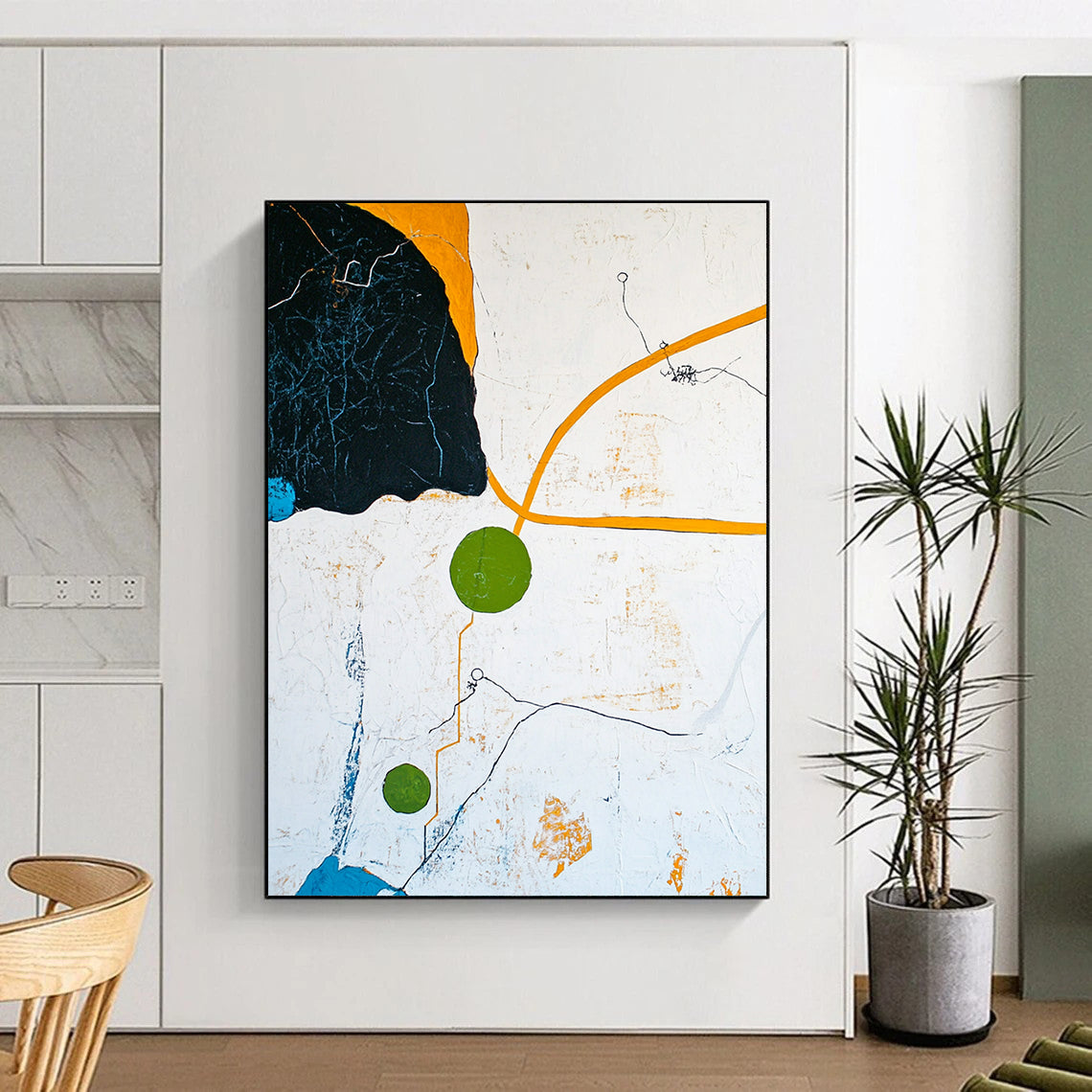 Contemporary hand-painted abstract artwork featuring an aerial landscape with blue sky yellow paths and green circle in a minimalist composition. DLZ0569