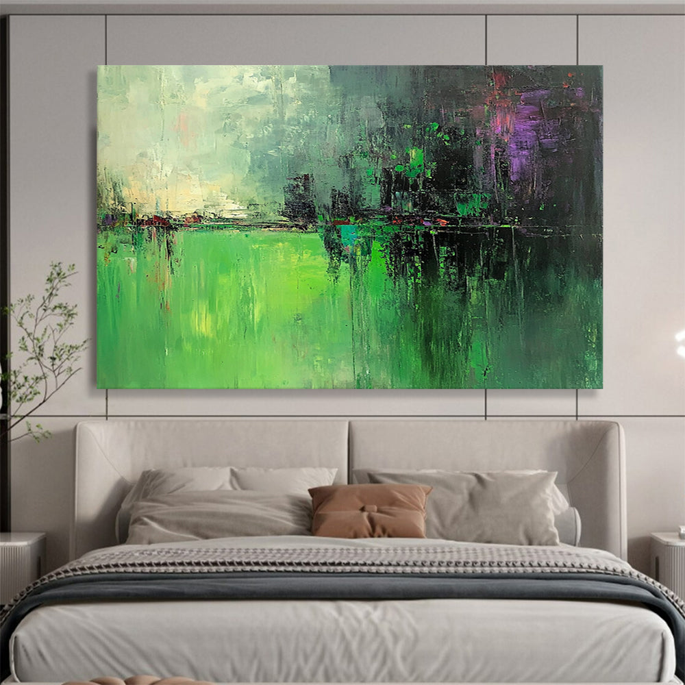 “Green Abstract Landscape” - Green, Purple, Gray, Abstract Landscape Painting On Canvas HB0989