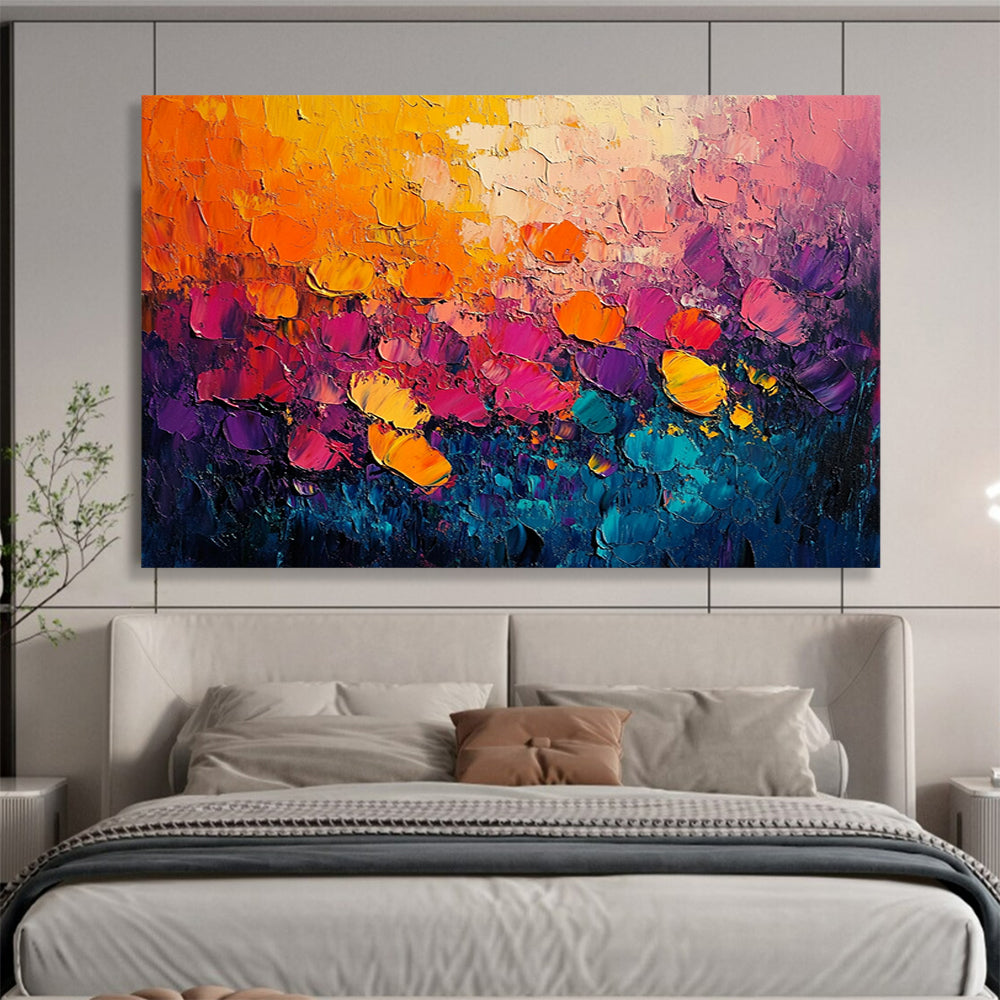 “Blossom Burst” - Vivid oranges, pinks, purples, blue - greens; Thick - textured flower fields; Impasto Landscape Painting On Canvas HB1146