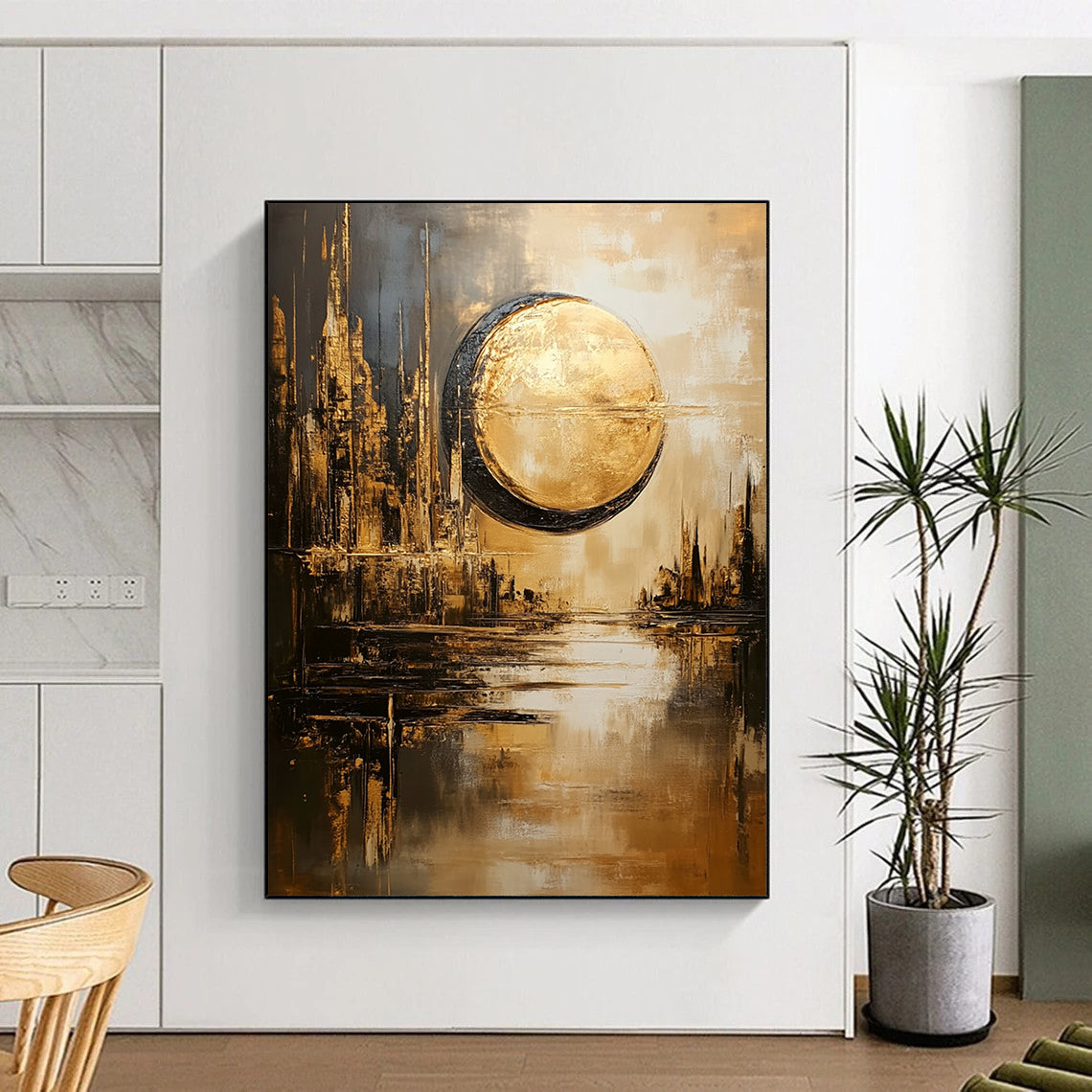 Contemporary abstract artwork features a dystopian cityscape with a sun and moon in gold and gray hues reflecting on water in a dreamy atmosphere. DLZ1094