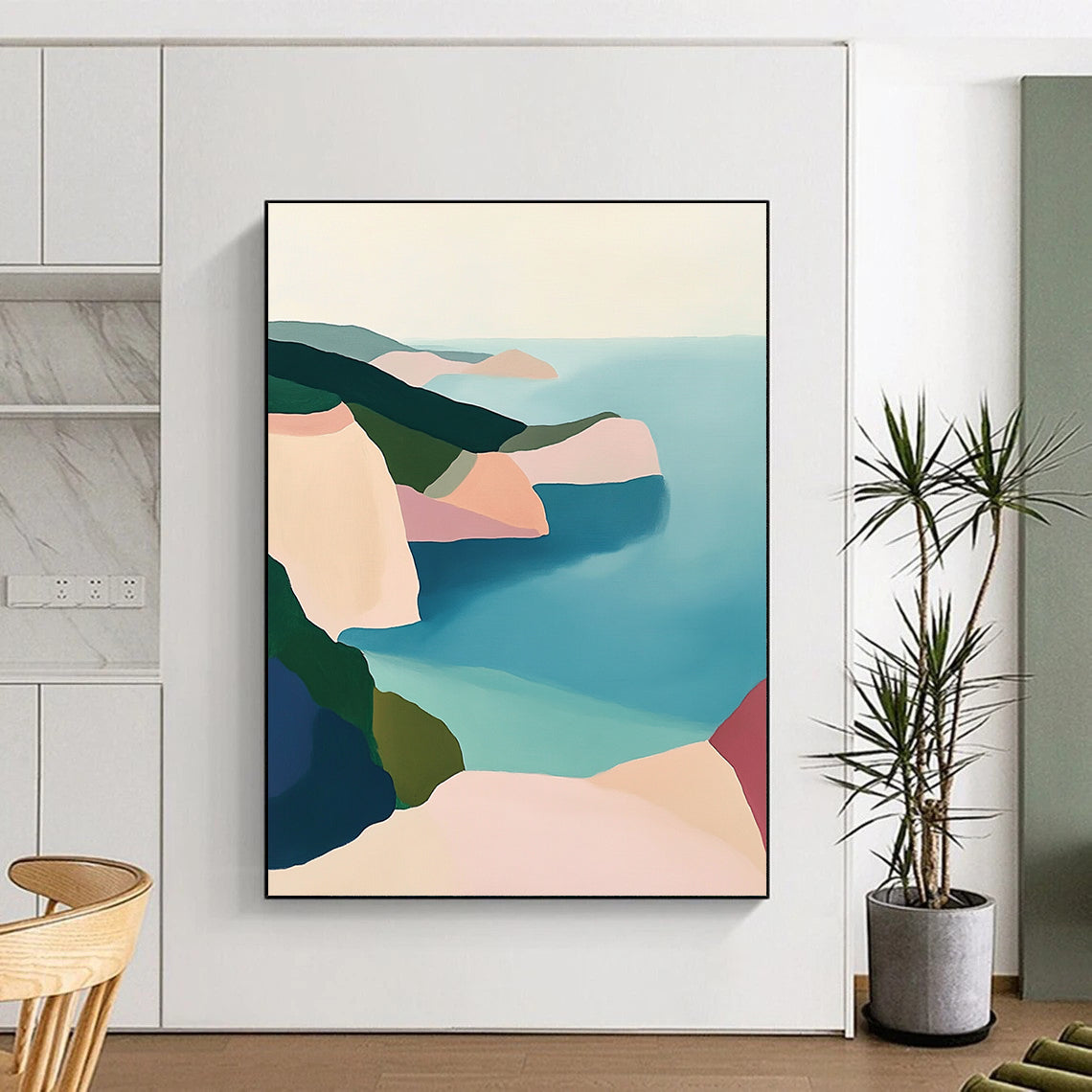 Contemporary abstract artwork featuring a serene coastal landscape with pastel cliffs and a calm sea in soothing green blue and pink tones. DLZ1457