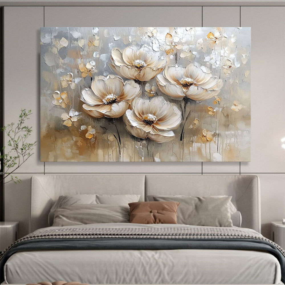 Beige, Gray and White Textured Flowers "Elegant Blooms" Painting On Canvas HB0421