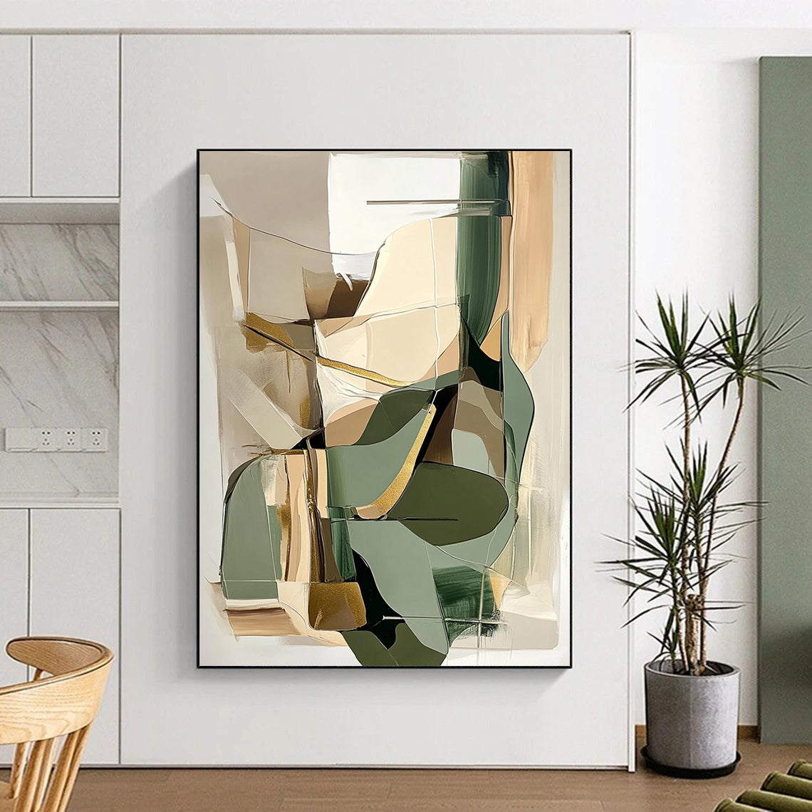 Contemporary hand-painted abstract artwork featuring beige and sage green shapes with gold accents perfect for modern interior design. DLZ0793