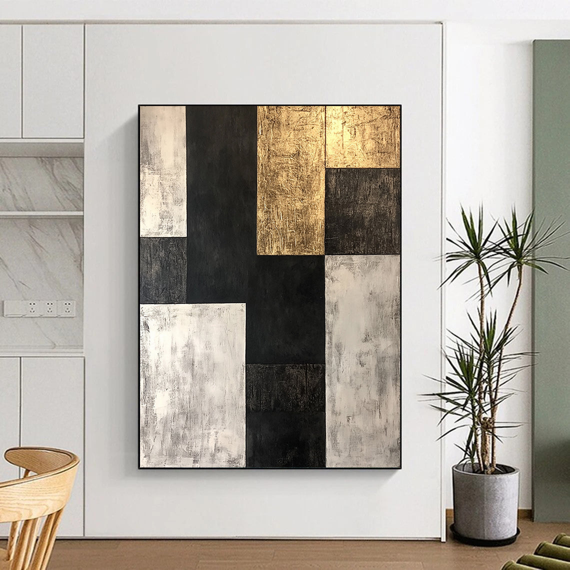 Black, White, Gold, Geometric Blocks "Gilded Monochrome Blocks" Abstract Geometric Painting On Canvas HB171