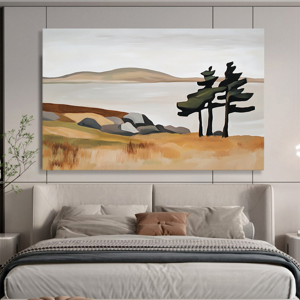 “Minimalist Landscape with Trees” - Beige, Green, Gray, Simplified Nature Scene - Acrylic Painting HB1647