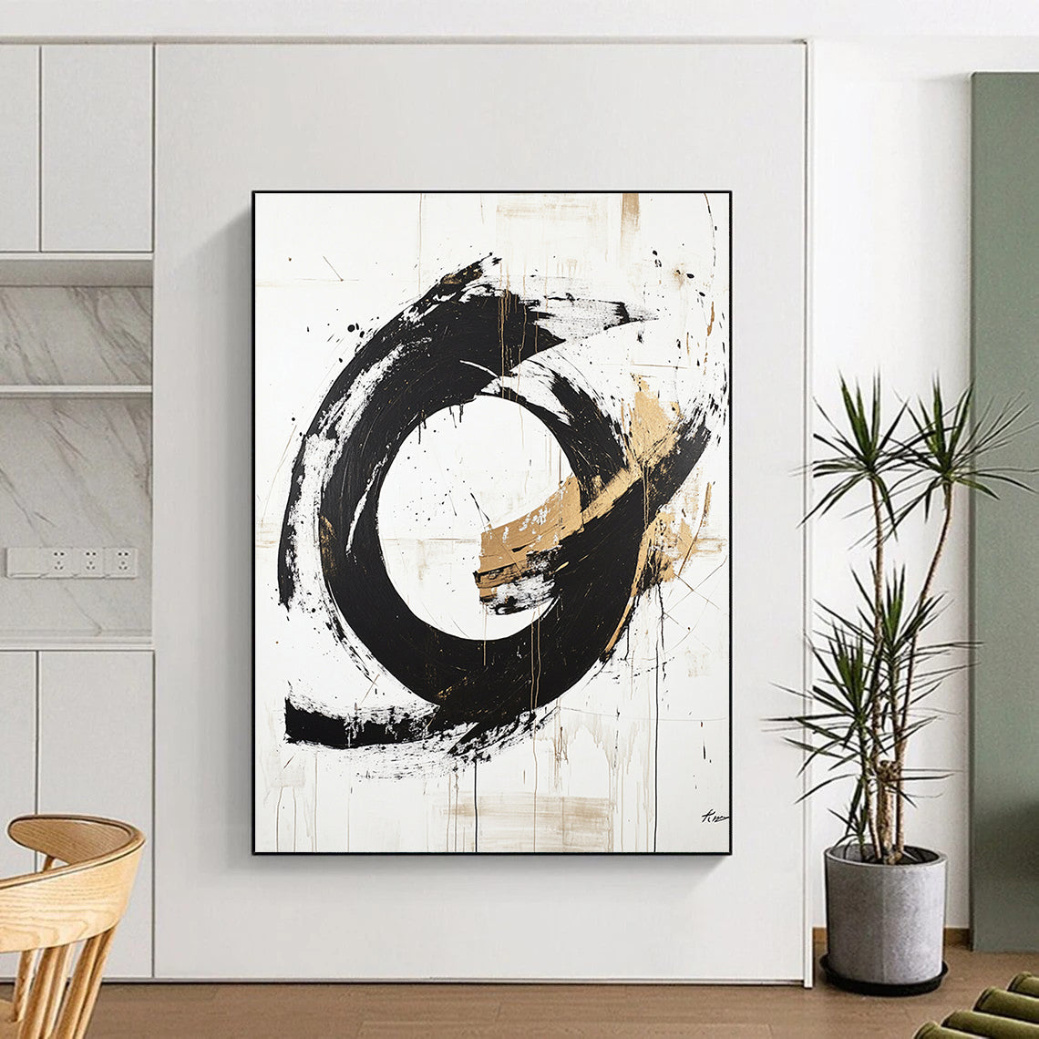 White, Black, Gold, Textured Circle "Enso Echo" Abstract Zen - Inspired Painting On Canvas HB090
