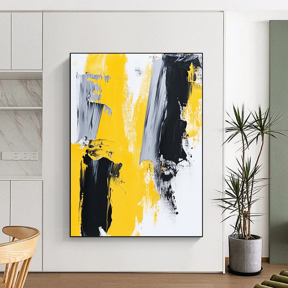 Large contemporary hand-painted abstract art featuring thick brush strokes in yellow and grey on a white background reflecting minimalism and modern expression. DLZ0774