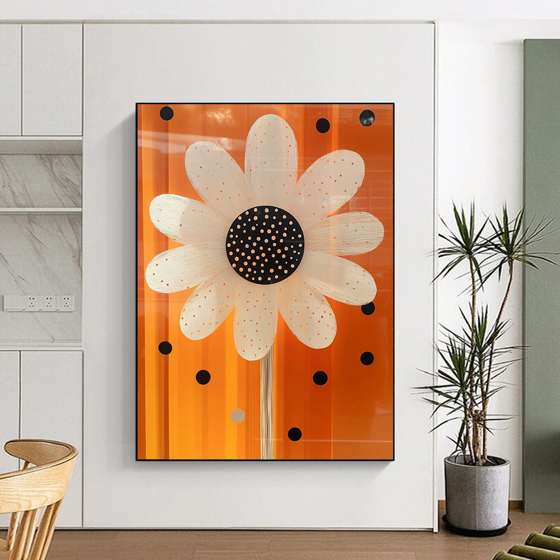 Contemporary abstract art features a white daisy with black dots and a shiny glass-like center on an orange background with polka dot accents. DLZ1512