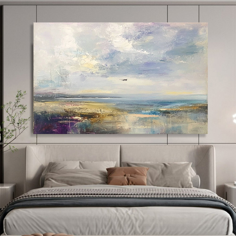 “Impressionist Seaside” - Purple, blue, beige, Impressionist Landscape Painting HB0644