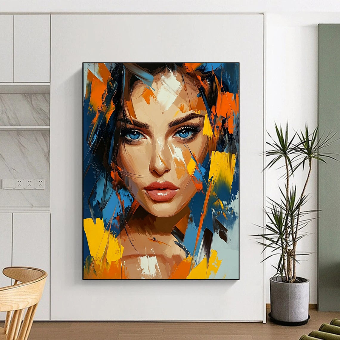 Contemporary abstract artwork featuring vivid colors and geometric shapes with expressive brushstrokes capturing a woman's beauty and depth. DLZ1130