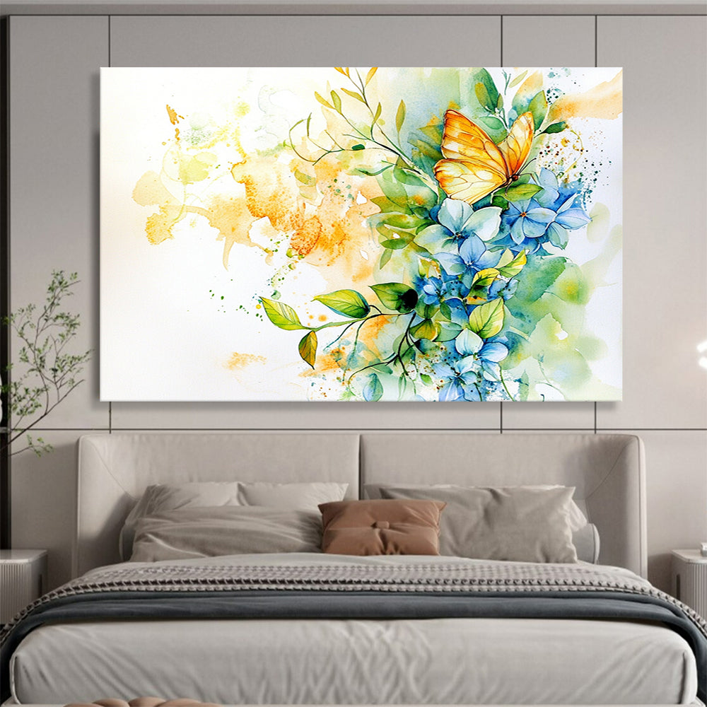 “Vibrant Butterfly & Blooms” - Blue, Yellow, Butterfly, Flowers Painting On Canvas HB0761