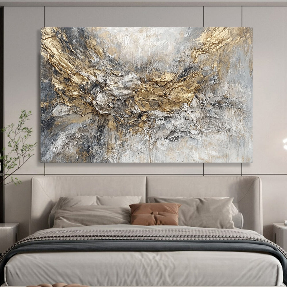“Golden - Gray Textured Abstraction” - Gold, Gray, Textured Swirls Painting On Canvas HB0786