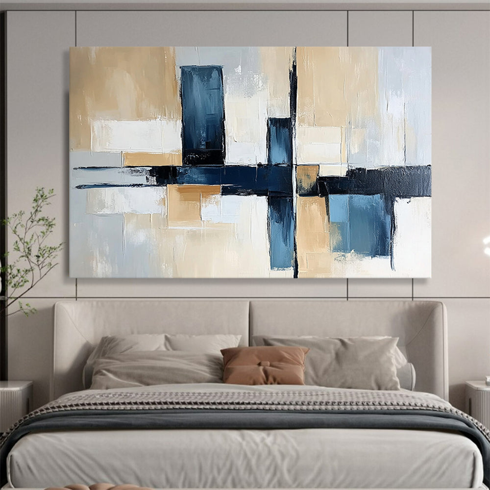 “Blue and Beige Geometric Abstract” - Blue, beige, gray, white; Geometric abstract with a cross design; Acrylic Painting On Canvas HB1262