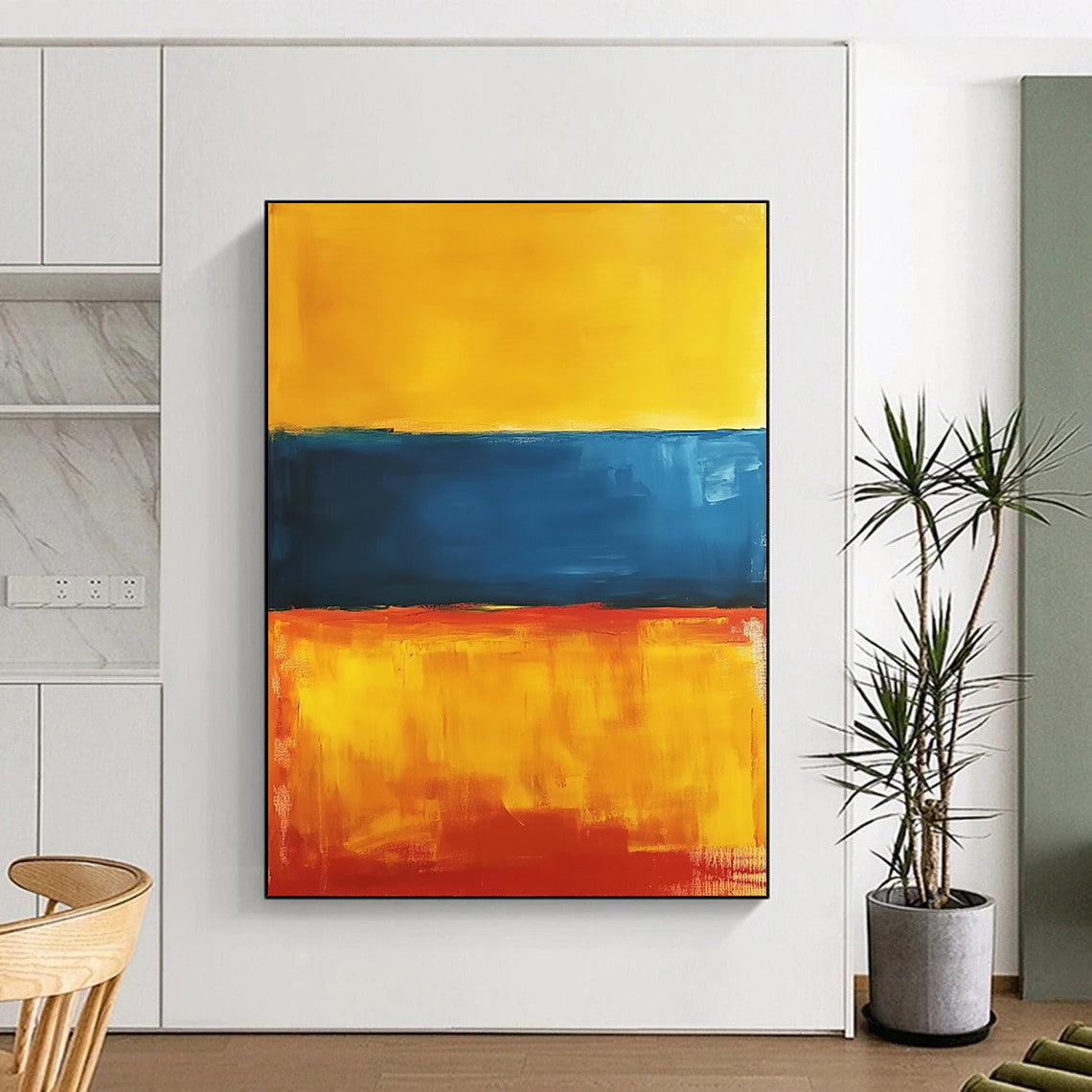 Contemporary abstract artwork featuring a vibrant interplay of orange, blue, and yellow hues, inspired by minimalist aesthetics. DLZ1354