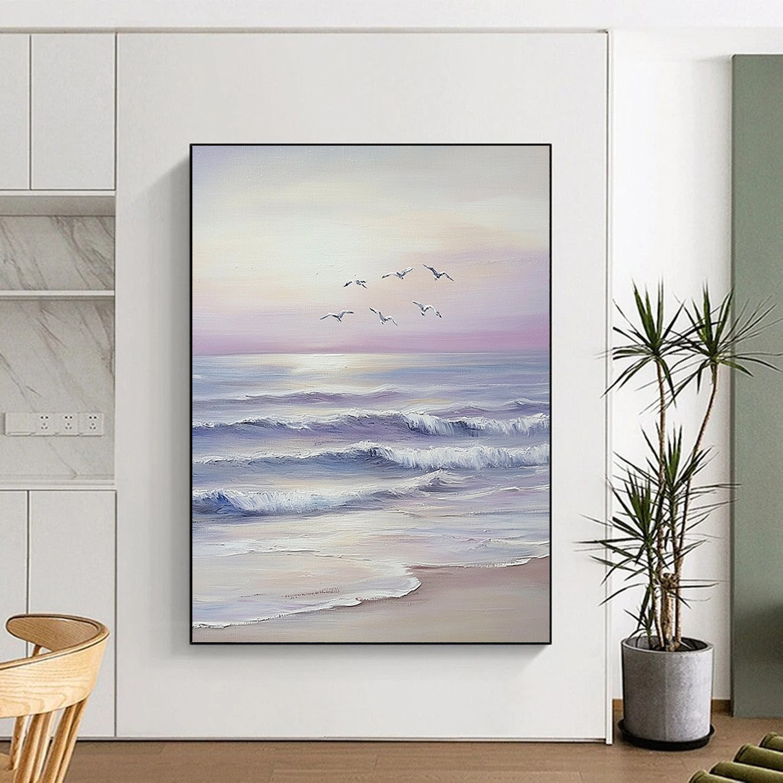 Contemporary hand-painted abstract art featuring serene ocean waves, distant beach, seagulls in flight, and dreamy sunset hues in light purple tones. DLZ1705