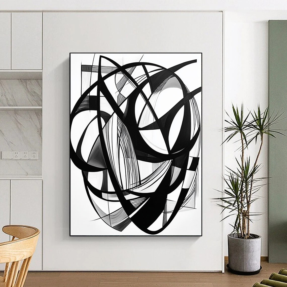 Black Intertwined Lines & Shapes - “Complex Ink Geometry” Painting On Canvas HB240