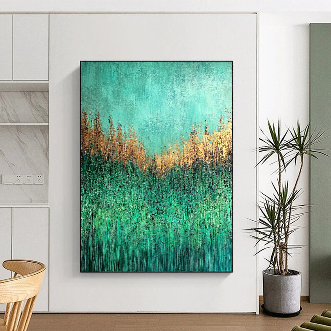 Contemporary abstract painting depicting a textured grassy meadow in aqua green and brown shades on canvas with UHD quality. DLZ0597