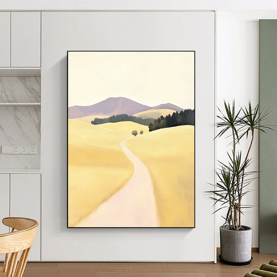 Contemporary hand-painted abstract artwork featuring a serene rural road in New Zealand with rolling hills in soft yellow tones and minimalistic design. DLZ1099