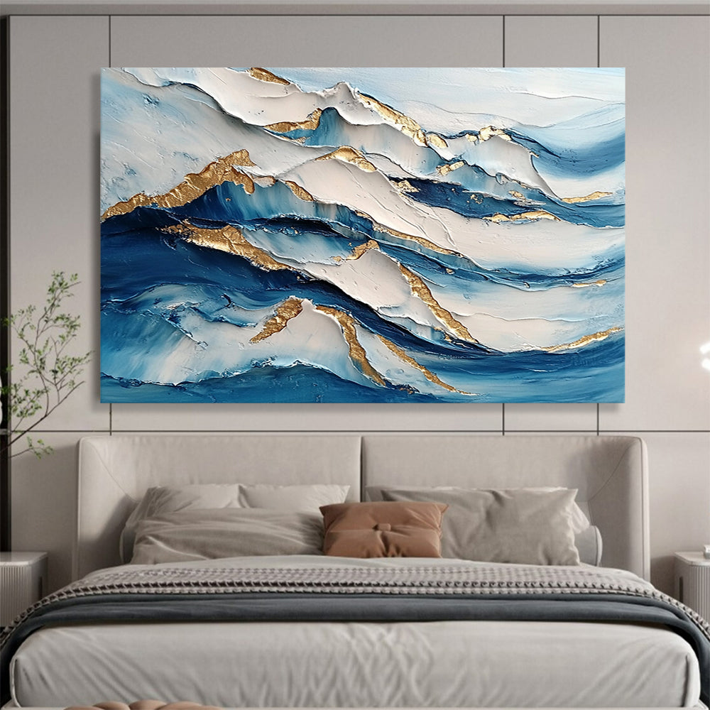 “Layered Wave Textures” - Blue, White, Gold, Layered Wave Textures Painting On Canvas HB0973