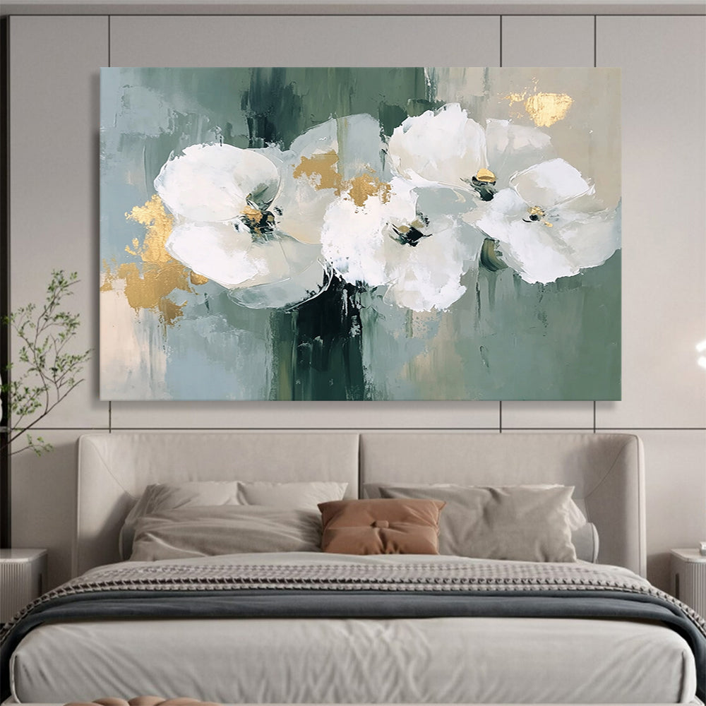 “White Flowers with Gold Accents” - Green, White, Gold with Floral Forms - Painting On Canvas HB1405