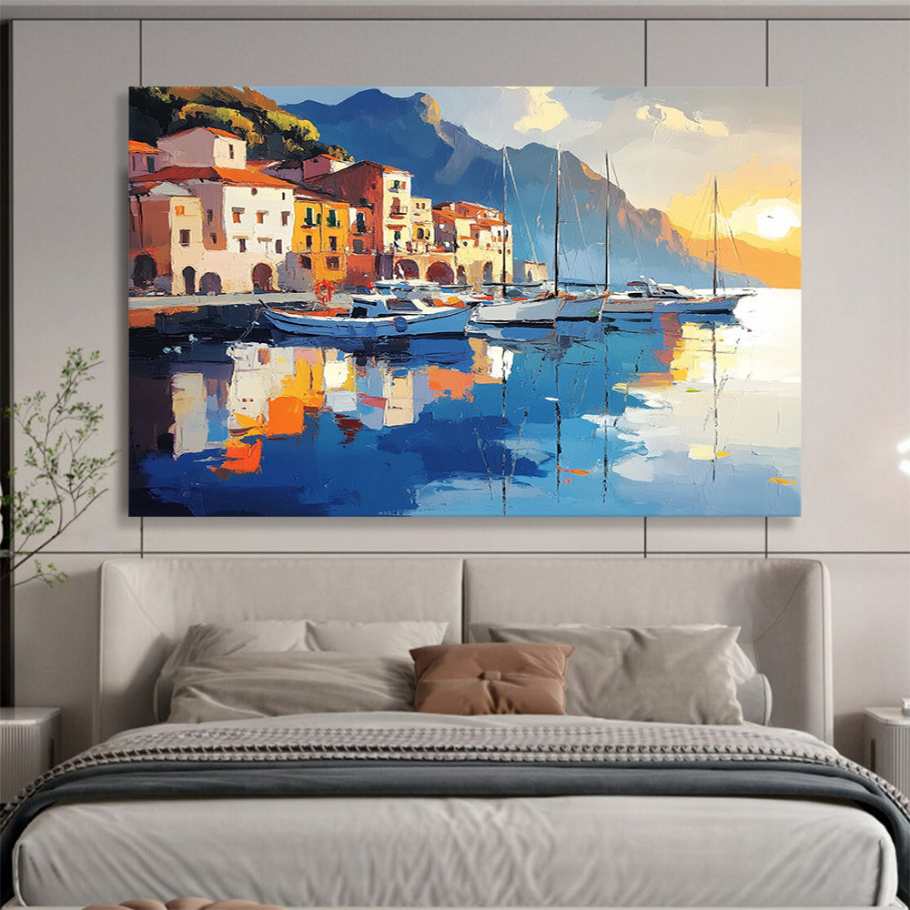 “Harbor Sunset Reflections” - Warm Oranges, Yellows, Cool Blues, Harbor at Sunset - Impasto Oil Painting HB1748