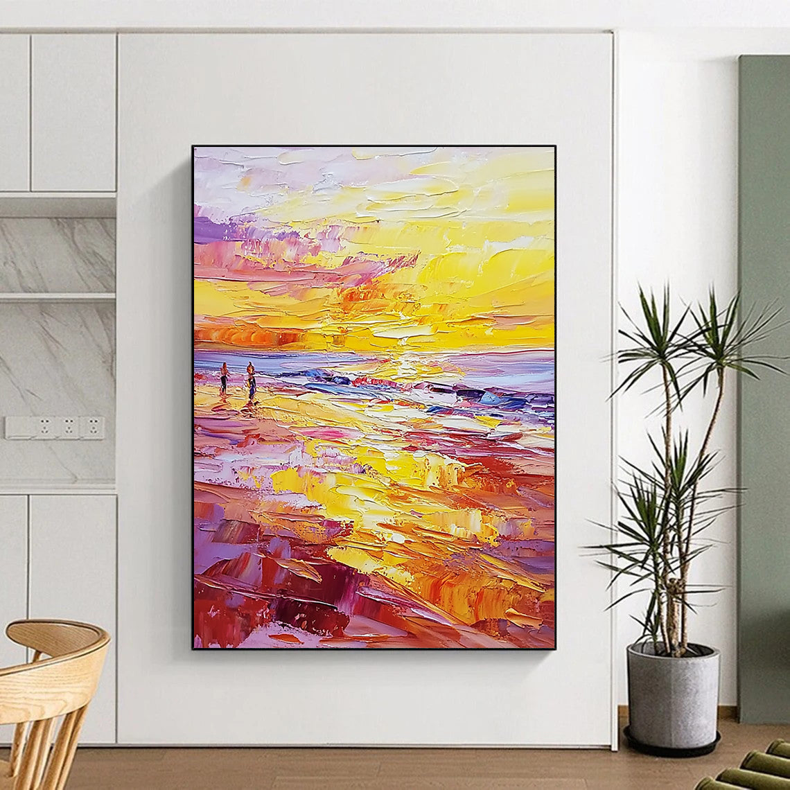 Contemporary abstract painting featuring vibrant sunset hues with palette knife textures and small figures on a beach during golden hour. DLZ0476