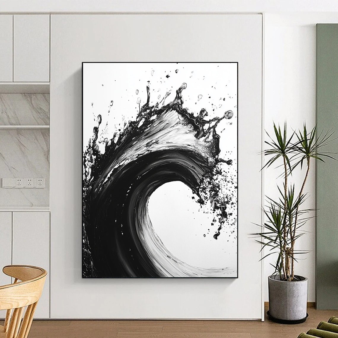 Black and White Explosive Wave "Wild Surge" Painting On Canvas HB286