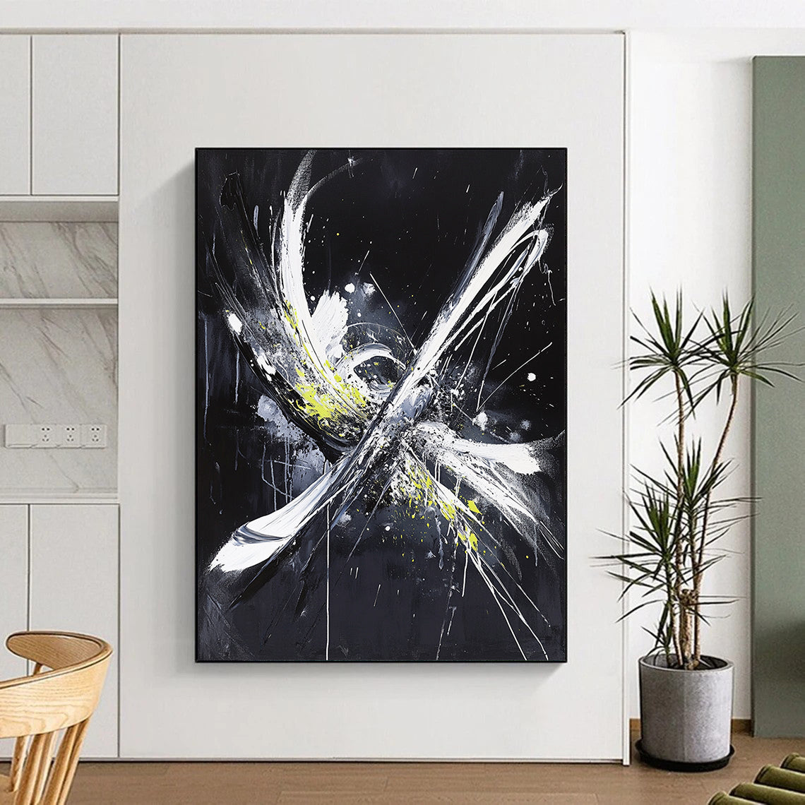 Black, White, Gray, Yellow, Explosive Strokes "Energetic Burst" Abstract Expressionist Painting On Canvas HB067