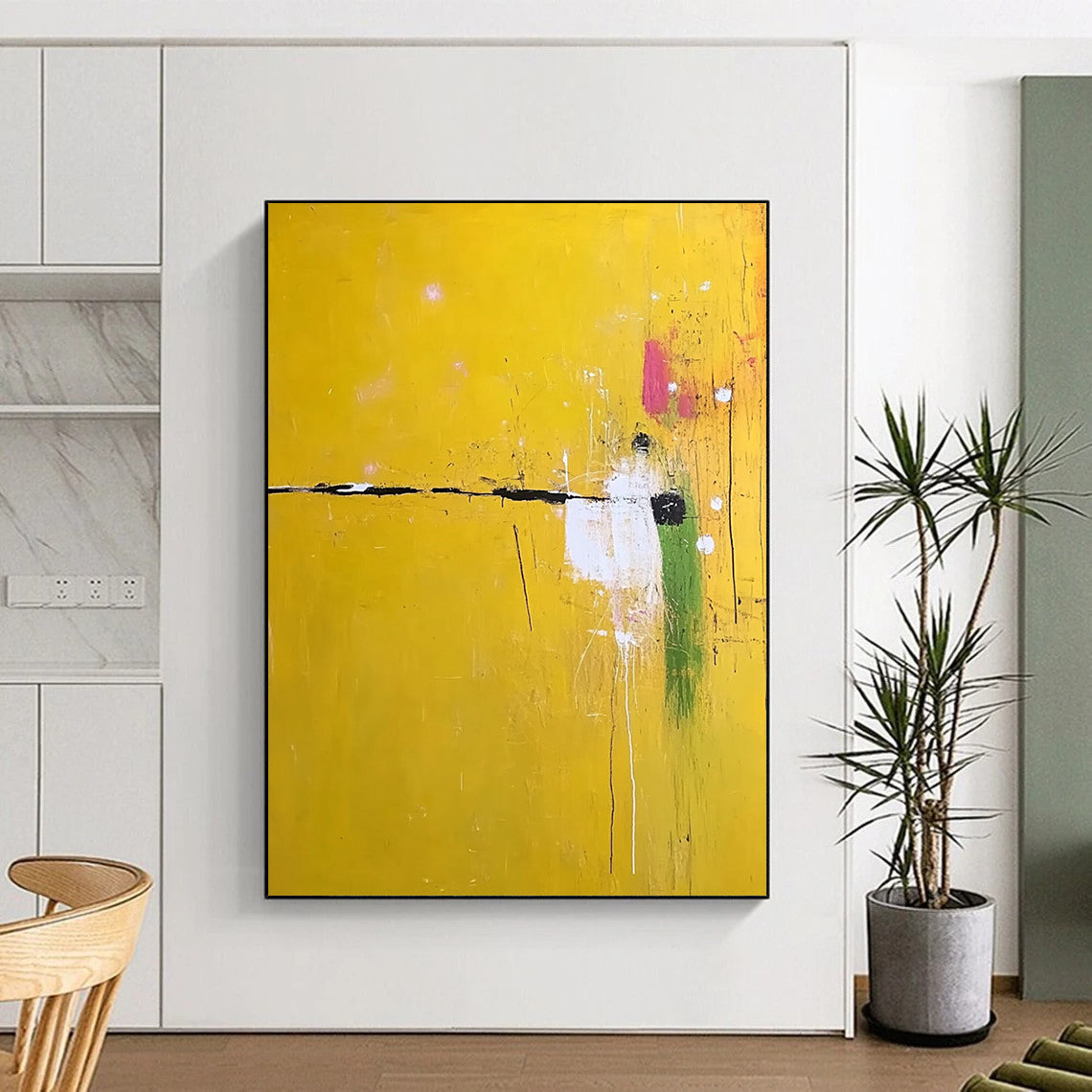 Contemporary large abstract painting featuring vibrant yellow shades with subtle white and green accents adds sophistication to any space. DLZ1296