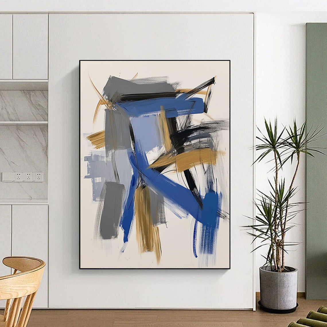 Contemporary abstract painting featuring bold blue and gold brushstrokes on white paper capturing dynamic architectural forms with expressive simplicity. DLZ0869