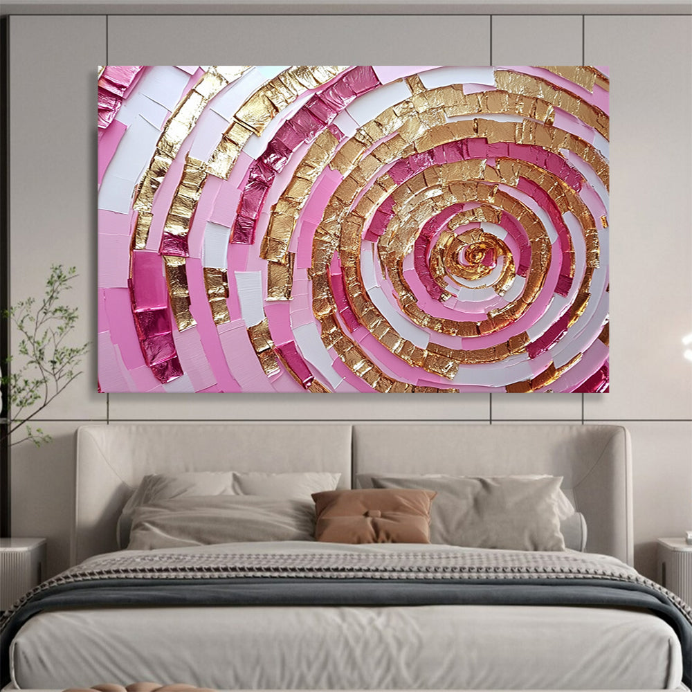 “Pink and Gold Spiral” - Shades of Pink, Gold, White, Layered Spiral Pattern - Mixed - Media Collage HB1727