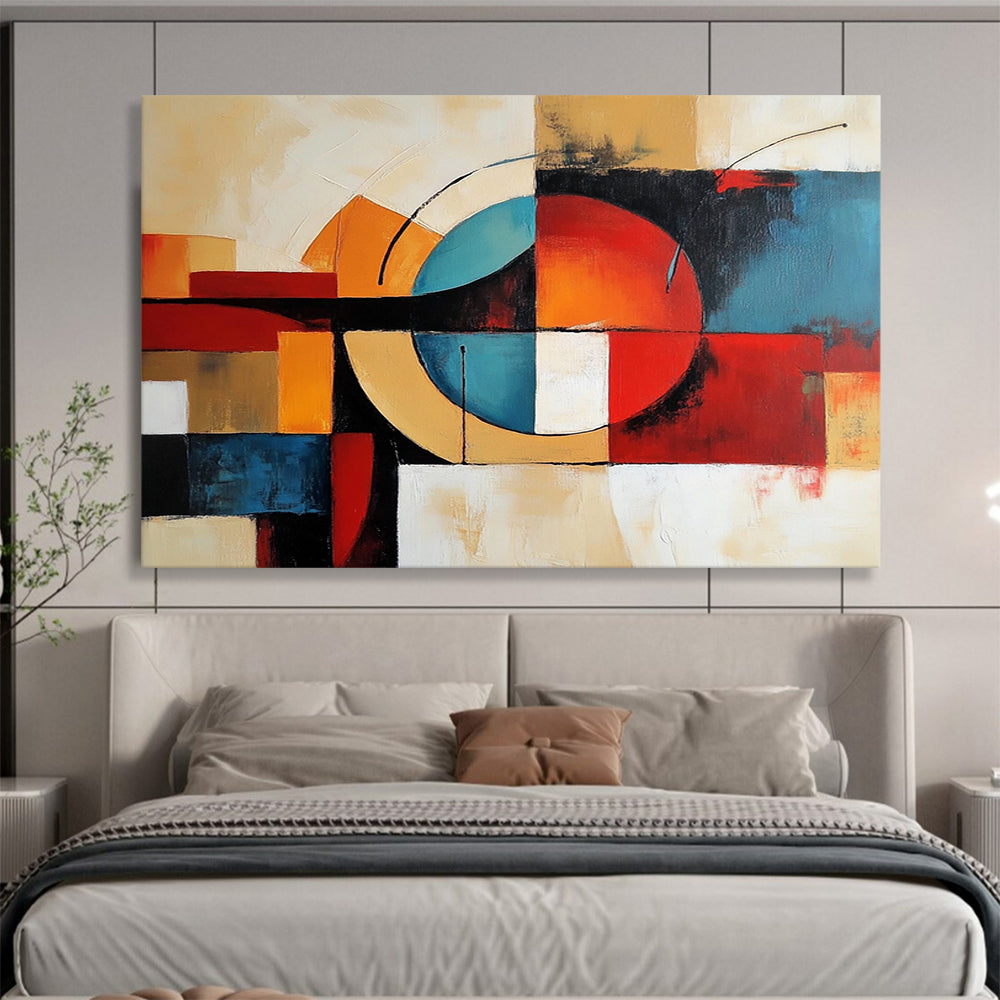 “Geometric Abstract Composition” - Red, blue, orange, beige, white; Geometric abstract shapes and lines; Acrylic Painting On Canvas HB1241