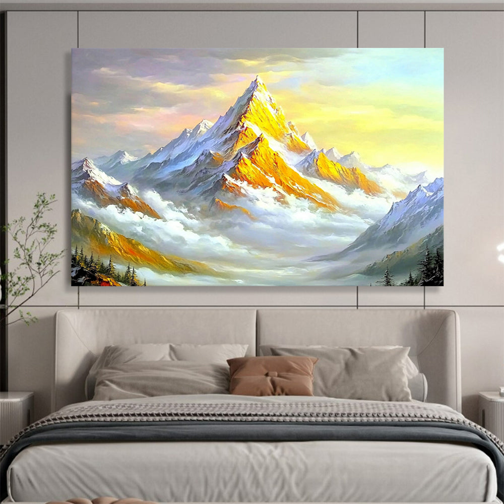 “Sunlit Golden Mountain” - Gold, White, Blue, Colorful Mountain Scene - Oil Painting HB1649