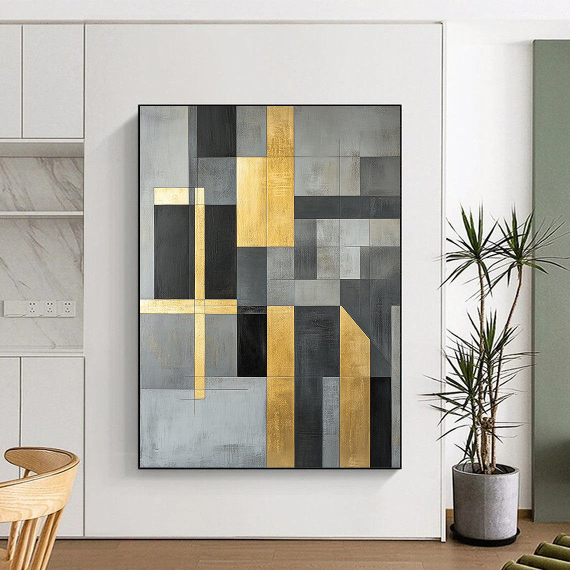 Gray, Black, Gold and White Geometric Composition "Timeless Structure" Painting On Canvas HB354