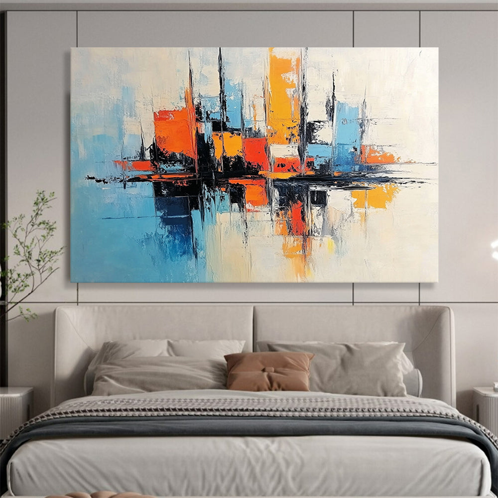 “Minimalist City Abstraction” - Blue, Orange, White, Abstract City Forms Painting On Canvas HB0987
