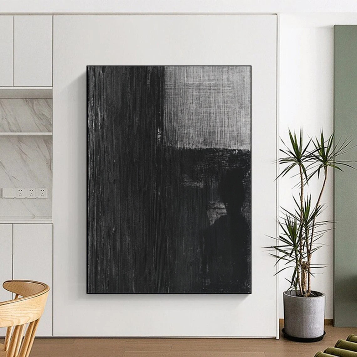 Contemporary abstract painting featuring a black and white oil depiction of an old film negative with a grainy eerie texture. DLZ1142