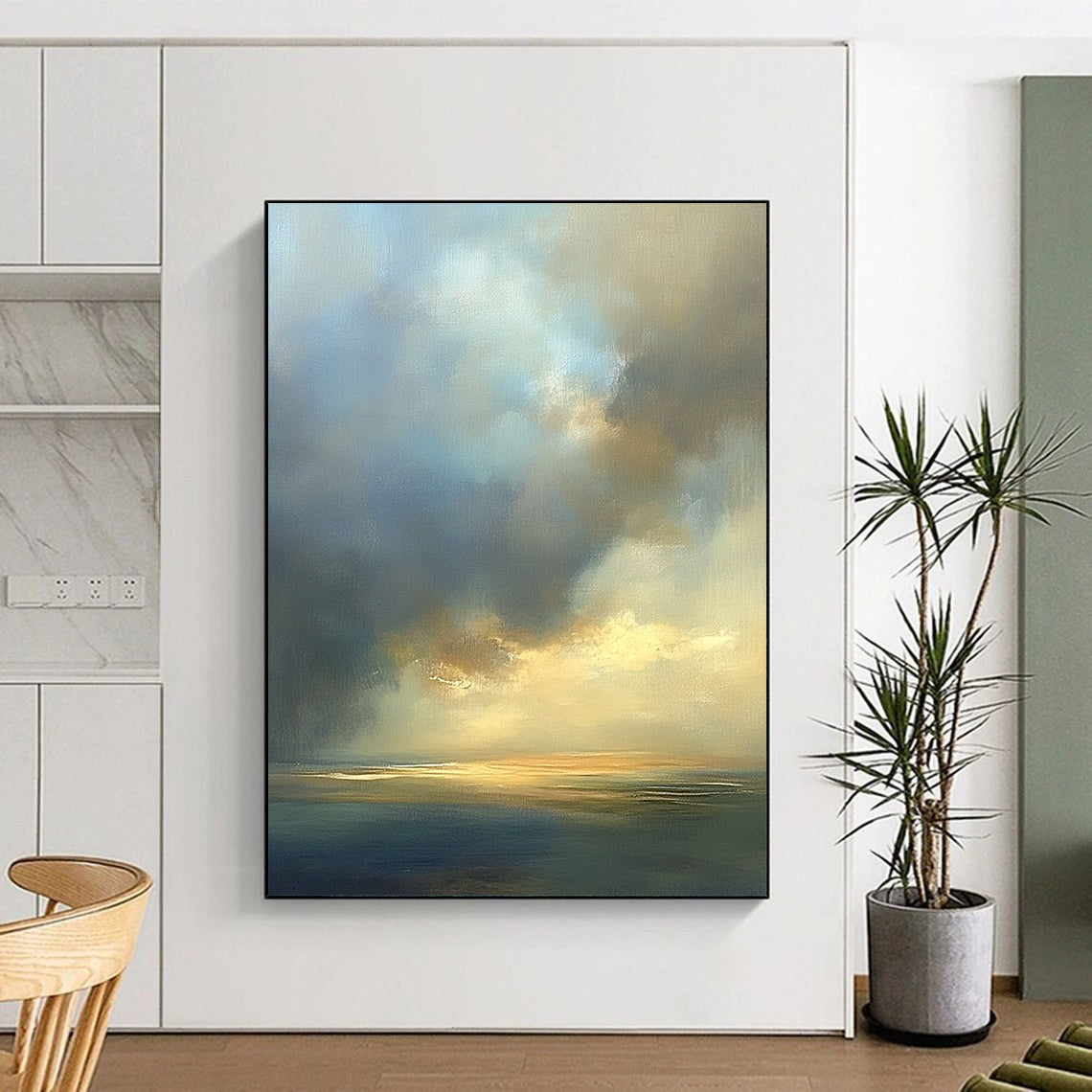 Contemporary abstract oil painting featuring an expansive sky in muted beige and blue tones with soft edges and atmospheric clouds. DLZ0888