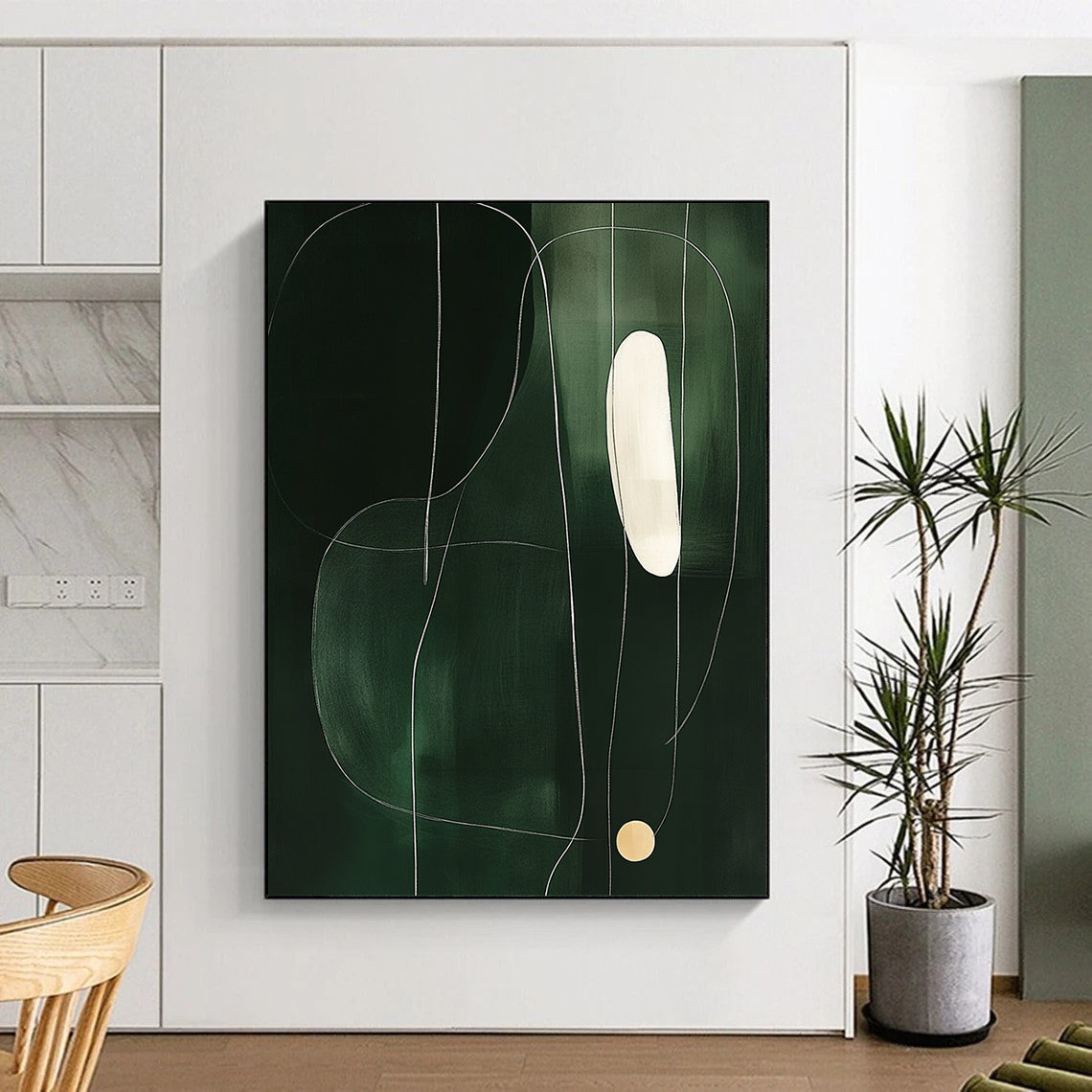 Contemporary abstract art featuring minimalist shapes on dark green, accented by a thin white line and a single light yellow circle. DLZ1606