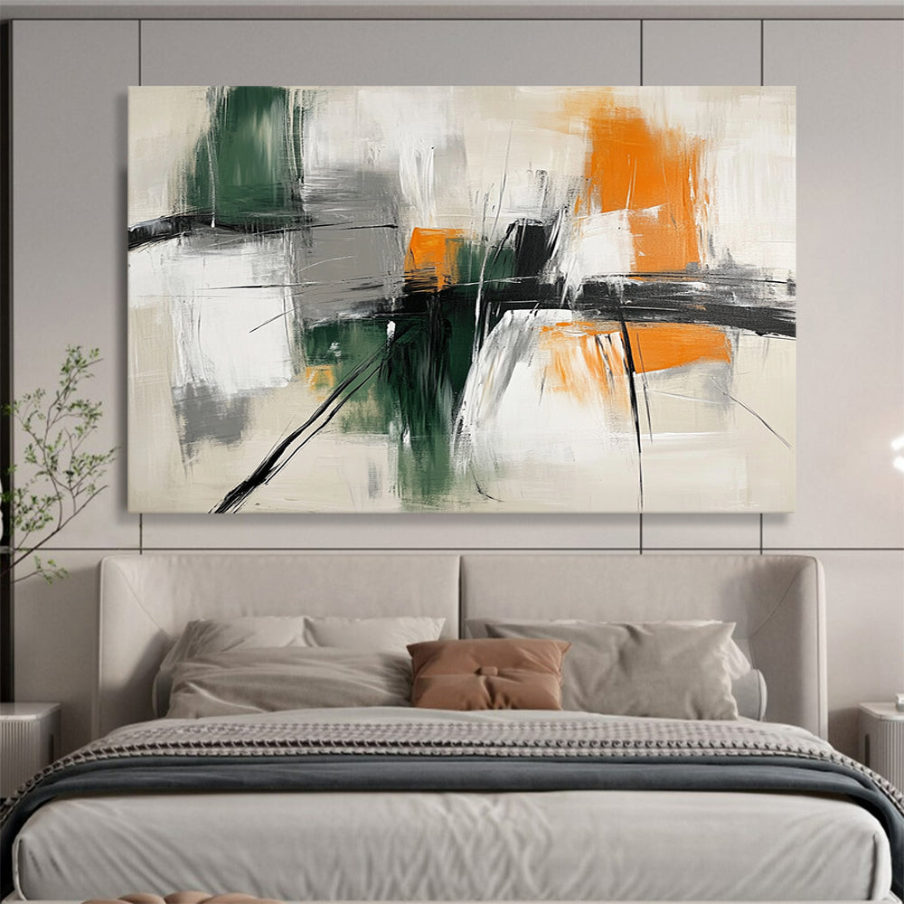 “Green and Orange Interplay” - Green, Orange, Gray, White, Abstract Strokes - Abstract Cubist - Inspired Acrylic Painting HB1552