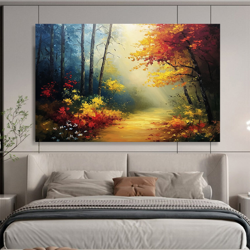 “Sunlit Forest Path” - Yellows, Reds, Greens, Forest Path with Sunbeams - Impasto Oil Painting HB1711