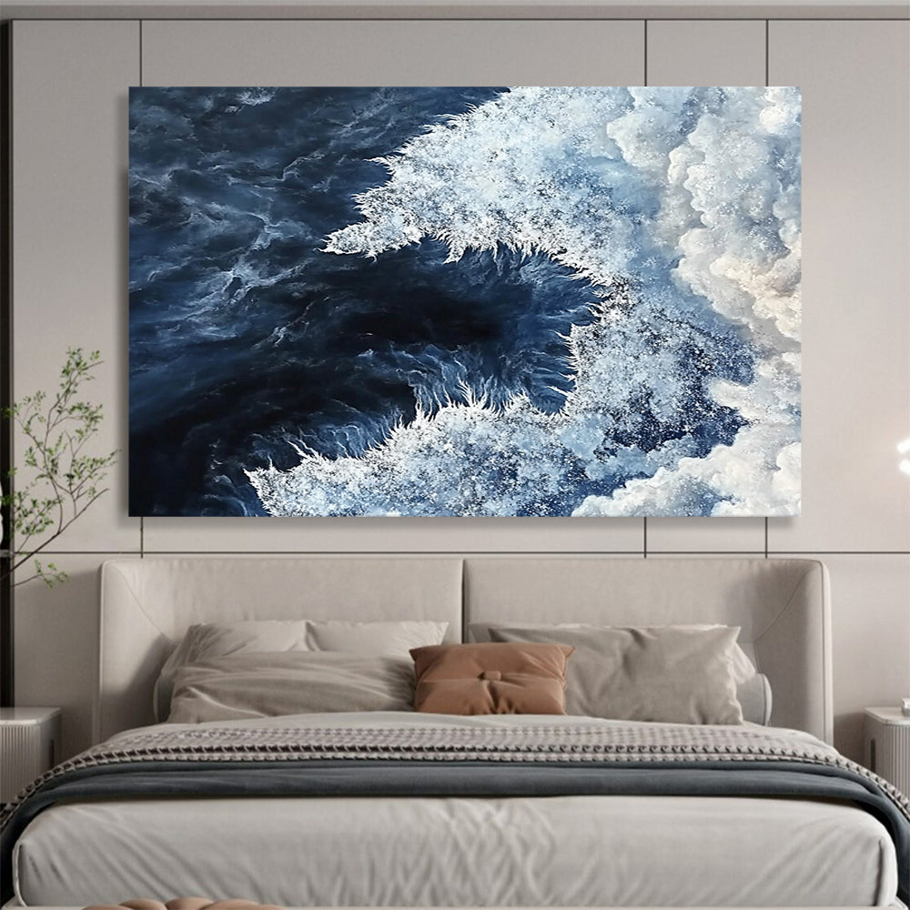 “Ocean Vortex” - Deep Blue, White, Dynamic Sea Painting On Canvas HB0696