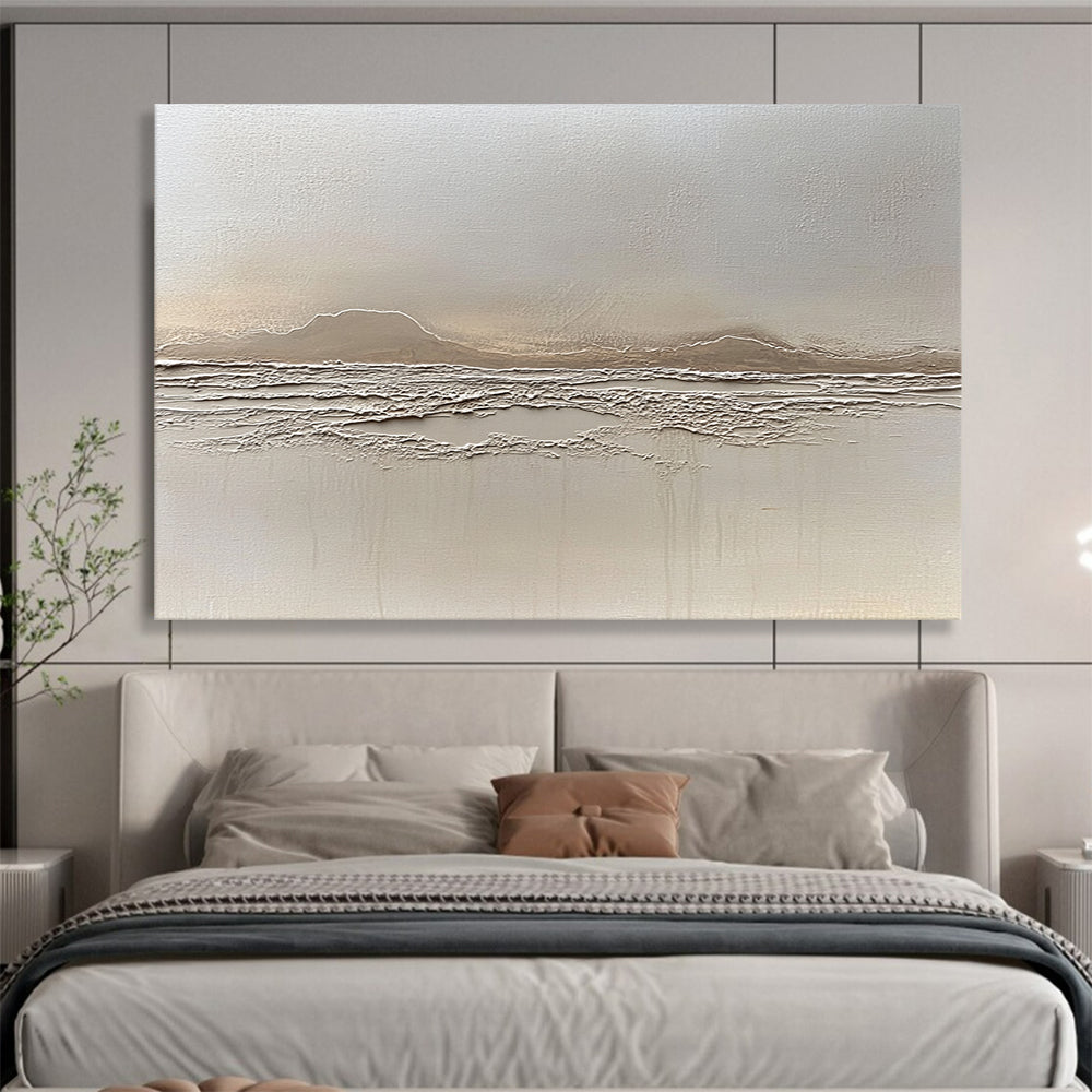 “Textured Beige Landscape Relief” - Beige, Textured Mountain & Sea Painting On Canvas HB0790